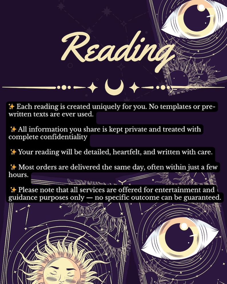 Extremely detailed psychic reading offering 12 future predictions that reveal truth about your path. Clairvoyant guidance helps uncover opportunities, lessons, and hidden blessings. Receive spiritual clarity about upcoming love, career, and personal transformation.