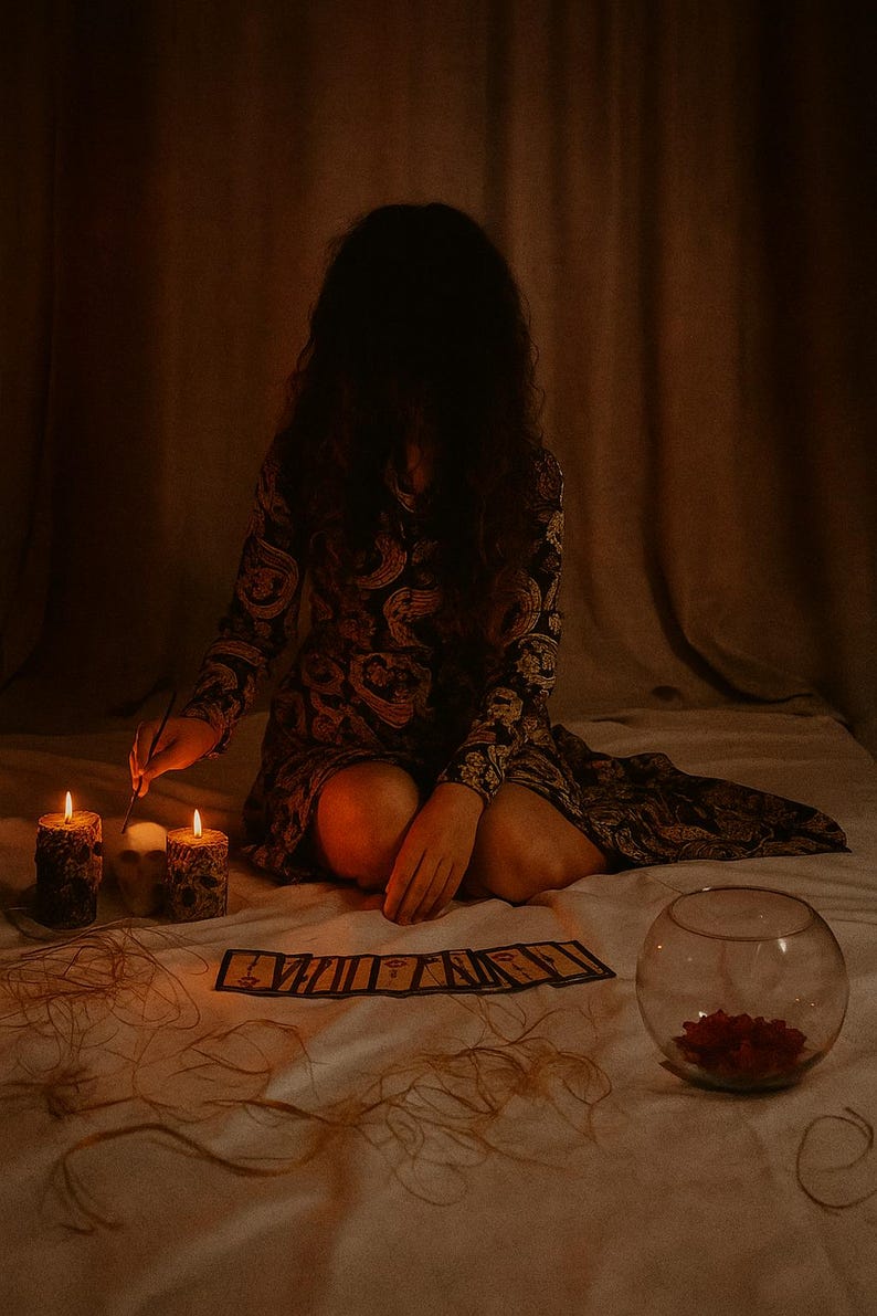 May include: A dimly lit scene featuring a person in a paisley print dress, seated on a bed with lit candles and tarot cards. A glass bowl with red objects sits nearby. The scene evokes a mystical or spiritual theme.