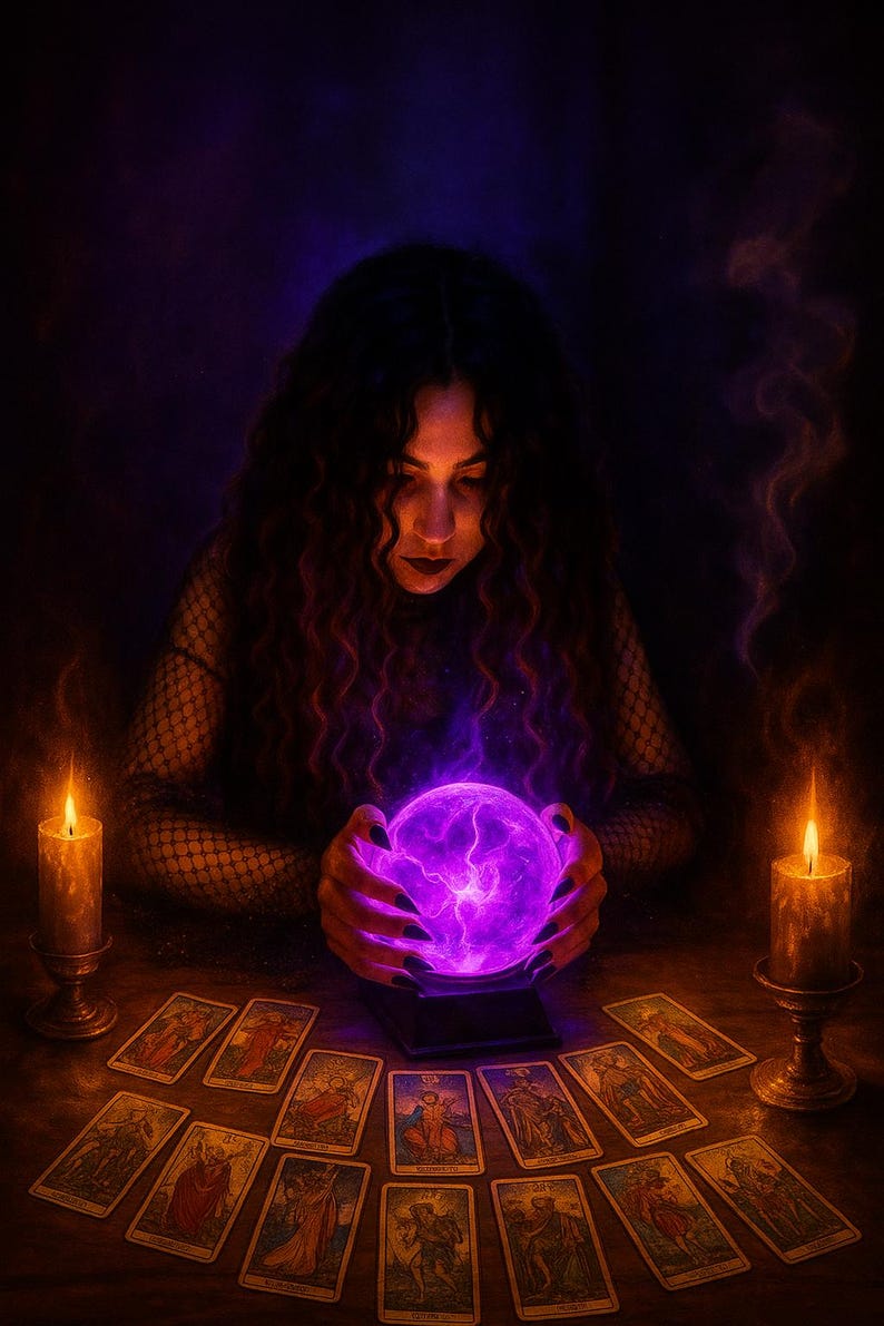 May include: A mystical scene featuring a glowing purple crystal ball held by a person with long, dark hair. Tarot cards are laid out on a wooden table, flanked by lit candles in ornate holders, creating a dramatic, atmospheric setting.
