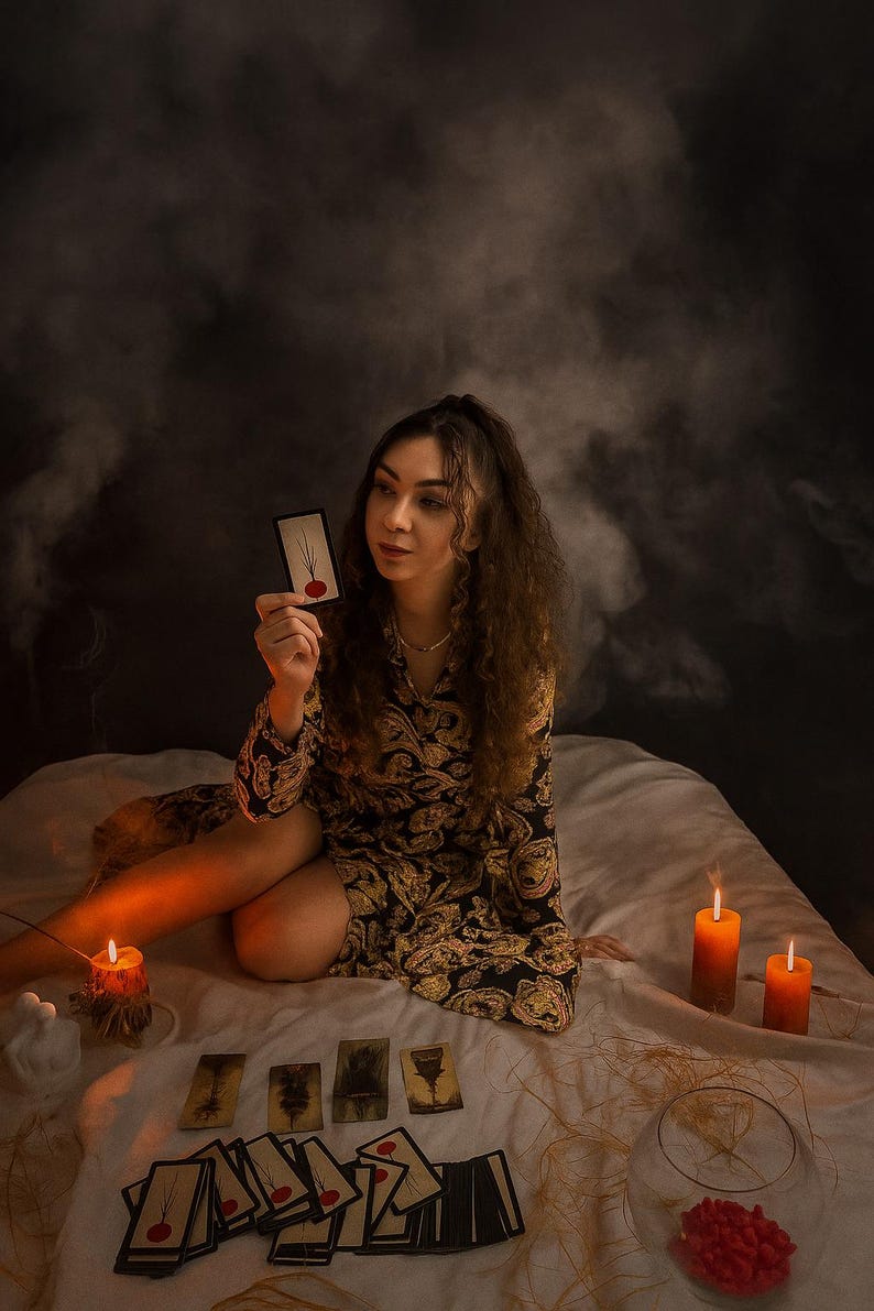 May include: A woman holding a tarot card with a red circle design, surrounded by other cards, candles, and a decorative arrangement. The woman is wearing a black and gold patterned dress. The scene is set on a white bed with a dark background.
