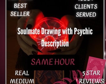 May include: An image with text that reads "Popular Best Seller" and "1000+ Clients Served." The central text says "Soulmate Drawing with Psychic Description" and "Same Hour." Additional text includes "Real Medium Reading" and "5 Star Reviews Rating."