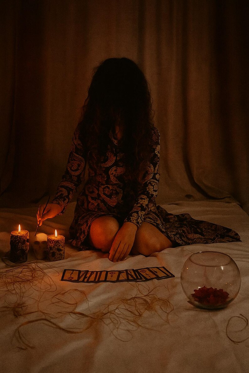 May include: A person in a paisley dress sits on a bed with lit candles and tarot cards, creating a mystical atmosphere. A glass bowl with red objects is also present. The image suggests a spiritual or fortune-telling theme.