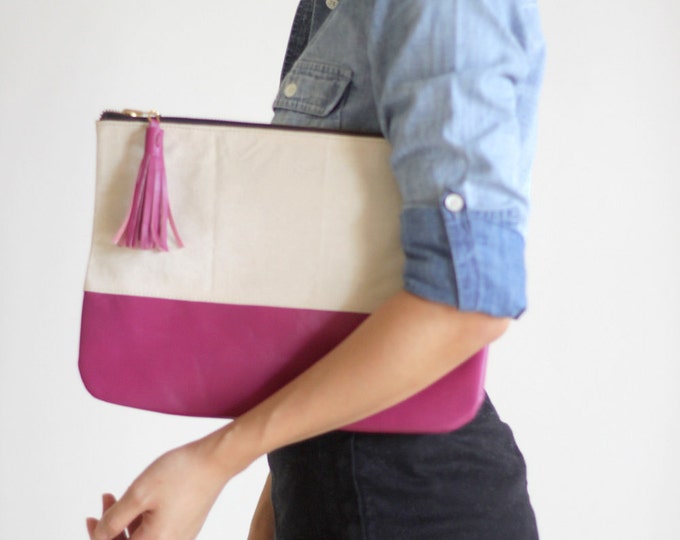 GRANDE Medium Canvas and Leather Carryall Pouch in Magenta Etsy
