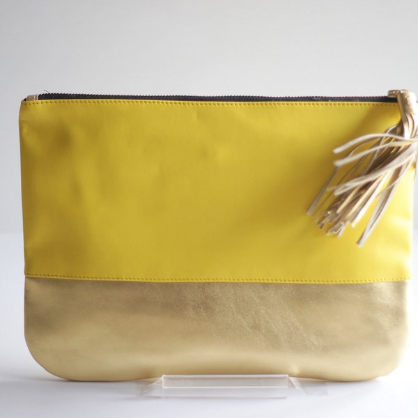 COLORBLOCK- Two-toned Leather Clutch in Yellow and Gold