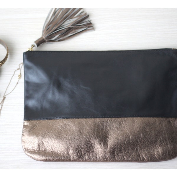 SALE Colorblock Leather Clutch with Tassels in Black and Bronze