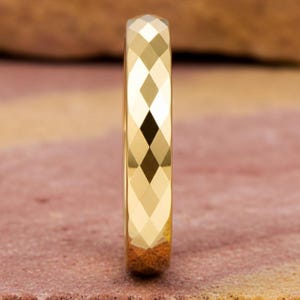 Faceted Gold Tungsten Ring, 4mm Geometric Band, Comfort Fit Wedding Band