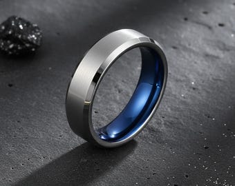 Bague carbure de tungstène 6 mm, argent brossé, intérieur bleu, alliance, ajustement confortable