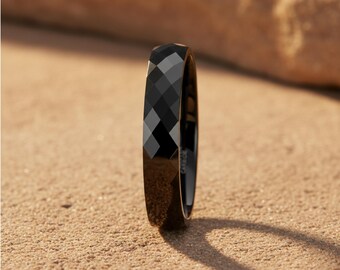 Bague en tungstène noir, motif diamants multi-facettes