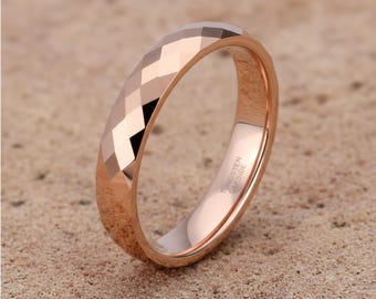 Bague carbure de tungstène en or rose, diamant multi-facettes