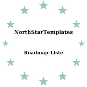 Peut inclure: Fond blanc avec un cercle d'étoiles vert d'eau. Le texte "NorthStarTemplates" est centré au-dessus de "Roadmap-Liste" en noir, police sans-serif.