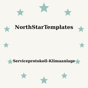 Puede incluir: Fondo beige claro con estrellas turquesas dispuestas en círculo. El texto "NorthStarTemplates" está en el centro, con "Serviceprotokoll-Klimaanlage" debajo.