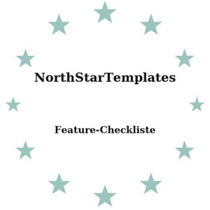Könnte beinhalten: Weißer Hintergrund mit einem Kreis aus helltürkisen Sternen. Der Text "NorthStarTemplates" steht zentriert über "Feature-Checkliste" in fetter, schwarzer Schrift.
