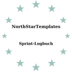 Könnte beinhalten: Weißer Hintergrund mit einem Kreis aus helltürkisen Sternen. Der Text "NorthStarTemplates" steht über "Sprint-Logbuch" in schwarzer, serifenloser Schrift. Das Design ist schlicht und sauber, mit Fokus auf dem Text.