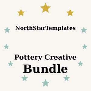 Könnte beinhalten: Cremefarbene Grafik mit dem Text "NorthStarTemplates" über "Pottery Creative Bundle". Der Text ist schwarz, umgeben von goldenen und türkisfarbenen Sternen. Das Bild ist für kreative Töpferprojekte konzipiert.