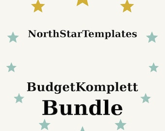 May include: A cream-colored graphic with the text "NorthStarTemplates" above "BudgetKomplett Bundle." The text is in black, surrounded by teal and gold stars.