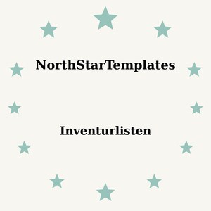 Könnte beinhalten: Ein hellbeiger Hintergrund mit einem Ring aus türkisfarbenen Sternen, der den Text "NorthStarTemplates" über "Inventurlisten" in Schwarz umgibt. Das Design ist schlicht und sauber.