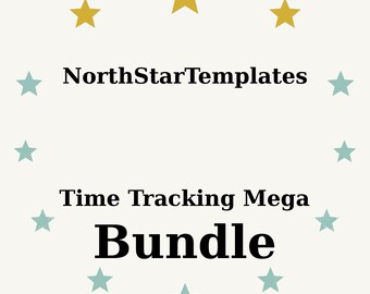 Könnte beinhalten: Cremefarbene Grafik mit dem Text "NorthStarTemplates" und "Time Tracking Mega Bundle". Der Text ist von goldenen und türkisfarbenen Sternen umgeben. Das Wort "Bundle" ist fett und schwarz.