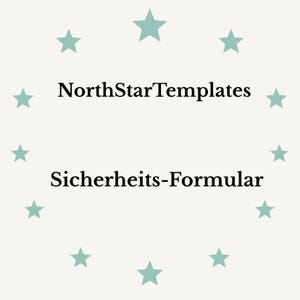 Peut inclure: Graphique crème avec le texte "NorthStarTemplates" au-dessus de "Sicherheits-Formular". Des étoiles bleu sarcelle clair entourent le texte. Le design est simple et épuré, mettant l'accent sur le texte.