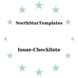 Op de afbeelding: Witte achtergrond met een cirkel van lichtblauwe sterren. De tekst "NorthStarTemplates" staat boven "Issue-Checkliste" in een vette, zwarte letter. Het ontwerp is eenvoudig.