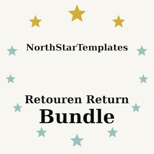 Op de afbeelding: Crèmekleurige afbeelding met de tekst "NorthStarTemplates" en "Retouren Return Bundle". Het ontwerp bevat gouden en turquoise sterren rondom de tekst. Het thema suggereert sjablonen of digitale producten.