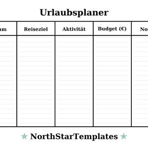 May include: A white travel planner with the title "Urlaubsplaner" at the top. The planner has columns labeled "Datum", "Reiseziel", "Aktivit&auml;t", "Budget (&euro;)", and "Notizen". The NorthStarTemplates logo is at the bottom.