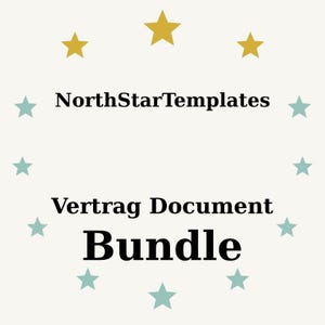 May include: A cream-colored graphic with the text "NorthStarTemplates" above "Vertrag Document Bundle" in a bold font. The design includes gold and teal stars arranged around the text.