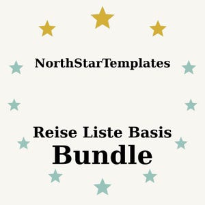 May include: Cream-colored graphic with text reading "NorthStarTemplates" and "Reise Liste Basis Bundle." The design includes gold and teal stars arranged around the text, creating a decorative border.