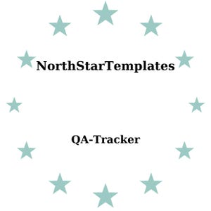 Könnte beinhalten: Ein weißer Hintergrund mit einem Kranz aus helltürkisen Sternen, der die schwarzen Texte "NorthStarTemplates" und "QA-Tracker" umgibt. Das Design ist schlicht.