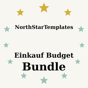 Könnte beinhalten: Cremefarbene Grafik mit dem Text "NorthStarTemplates" und "Einkauf Budget Bundle", umgeben von goldenen und teal-farbenen Sternen. Das Wort "Bundle" ist fett gedruckt.