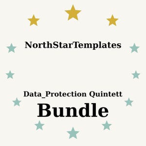 Könnte beinhalten: Cremefarbene Grafik mit dem Text "NorthStarTemplates", "Data_Protection Quintett" und "Bundle" in Schwarz. Der Text ist von türkisfarbenen und goldenen Sternen umgeben.