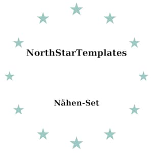 Könnte beinhalten: Weißer Hintergrund mit dem Text "NorthStarTemplates" über "Nähen-Set". Helltürkisfarbene Sterne umkreisen den Text. Das Bild ist ein Grafikdesign für ein Nähprodukt.