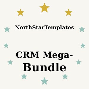 Puede incluir: Gráfico color crema con el texto "NorthStarTemplates" encima de "CRM Mega-Bundle" en negrita negra. El diseño incluye estrellas doradas y turquesas dispuestas alrededor del texto.