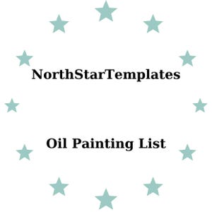 Może przedstawiać: Białe tło z czarnym tekstem "NorthStarTemplates" i "Oil Painting List". Jasnoniebieskie gwiazdy otaczają tekst.