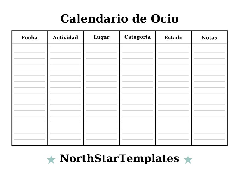 K&ouml;nnte beinhalten: Ein schwarz-wei&szlig;er Planer mit dem Titel "Calendario de Ocio" mit Spalten f&uuml;r Fecha, Actividad, Lugar, Categor&iacute;a, Estado und Notas. Das Logo NorthStarTemplates befindet sich unten.