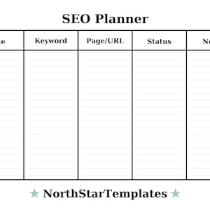 Peut inclure: Un mod&egrave;le de planificateur SEO blanc avec des colonnes intitul&eacute;es Date, Mot-cl&eacute;, Page/URL, Statut et Notes. Le titre "SEO Planner" est en haut et le texte "NorthStarTemplates" en bas.