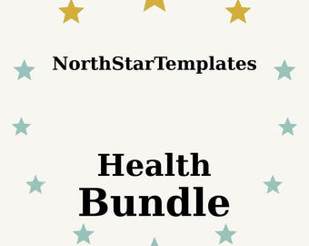May include: A cream-colored graphic with the text "NorthStarTemplates" above "Health Bundle" in a bold, black font. The design includes gold and teal stars arranged around the text, creating a decorative border.
