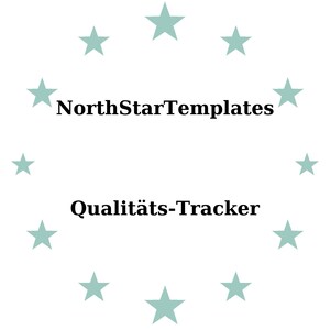 Könnte beinhalten: Weißer Hintergrund mit einem Kreis aus helltürkisen Sternen. Der Text "NorthStarTemplates" steht über dem Text "Qualitäts-Tracker" in schwarzer, serifenloser Schrift.