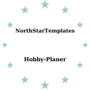 Könnte beinhalten: Weißer Hintergrund mit einem Kranz aus helltürkisen Sternen, der den Text "NorthStarTemplates" über "Hobby-Planer" umgibt. Der Text ist fett und ohne Serifen.