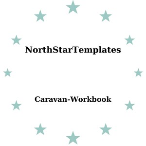 May include: White background with the text "NorthStarTemplates" and "Caravan-Workbook" in black. Light teal stars encircle the text.
