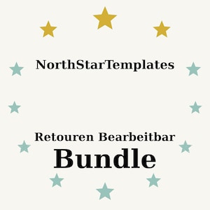 Op de afbeelding: Crèmekleurige afbeelding met de tekst "NorthStarTemplates", "Retouren Bearbeitbar" en "Bundle" in het zwart. Het ontwerp bevat gouden en blauwgroene sterren rond de tekst.