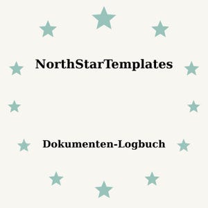 Könnte beinhalten: Hellbeiger Hintergrund mit einem Kranz aus türkisfarbenen Sternen, der den Text "NorthStarTemplates" über "Dokumenten-Logbuch" in schwarzer, serifenloser Schrift umgibt.
