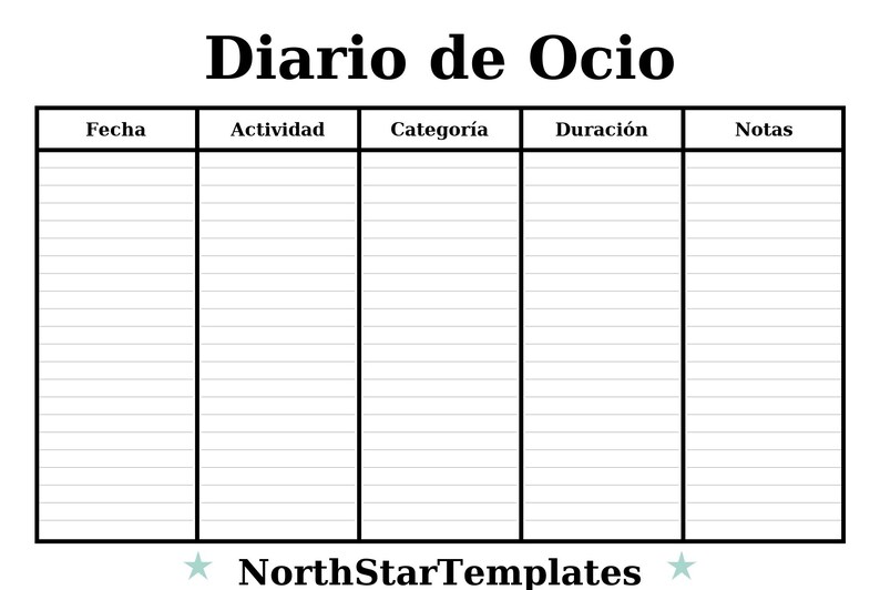 K&ouml;nnte beinhalten: Eine wei&szlig;e Vorlage mit schwarzem Rand, mit dem Titel "Diario de Ocio" oben. Die Vorlage ist in Spalten unterteilt, die mit "Fecha", "Actividad", "Categor&iacute;a", "Duraci&oacute;n" und "Notas" beschriftet sind. Das NorthStarTemplates-Logo befindet sich unten.