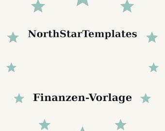 Może przedstawiać: Jasnokremowe tło z turkusowymi gwiazdami otaczającymi tekst. Tekst brzmi "NorthStarTemplates" nad "Finanzen-Vorlage" pogrubioną, czarną czcionką. Ogólny projekt jest prosty i czysty.