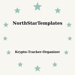 May include: A light beige background with a ring of teal stars surrounding the text "NorthStarTemplates" above "Krypto-Tracker-Organizer" in black font. The design is simple and clean.
