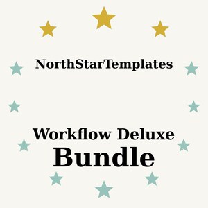 Könnte beinhalten: Cremefarbene Grafik mit dem Text "NorthStarTemplates" über "Workflow Deluxe Bundle". Das Wort "Bundle" ist fett gedruckt. Das Design umfasst goldene und türkisfarbene Sterne, die um den Text angeordnet sind.
