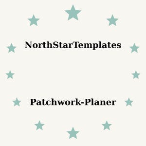 May include: A cream-coloured background featuring teal stars in a circular pattern. The text "NorthStarTemplates" and "Patchwork-Planer" are displayed in a bold, black font. The design is simple and clean.