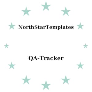 Può includere: Sfondo bianco con i testi "NorthStarTemplates" e "QA-Tracker" in nero. Stelle verde acqua chiaro circondano il testo. Il design è semplice e pulito, adatto per modelli digitali o branding.