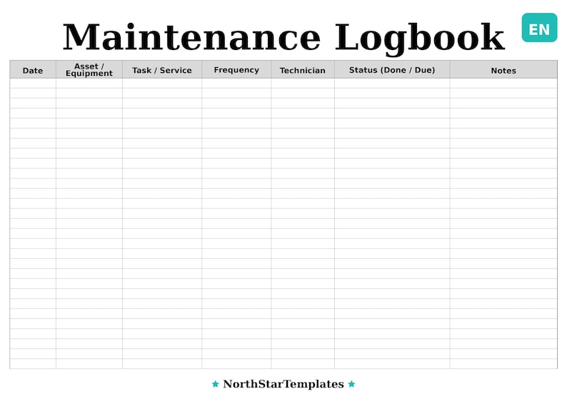 Maintenance Logbook Premium Printable and Editable Template DE EN ES - Etsy