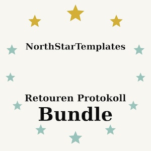 Op de afbeelding: Crèmekleurige afbeelding met de tekst "NorthStarTemplates", "Retouren Protokoll" en "Bundle" in zwart. Het ontwerp bevat gouden en teal sterren rondom de tekst.