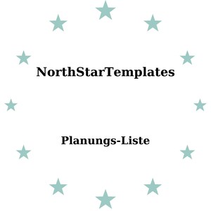 May include: White background with the text "NorthStarTemplates" and "Planungs-Liste" in black. Light teal stars encircle the text. The image is a graphic design.